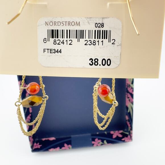 Fortune New York Chain Drop Earrings Gold Tone with Red and Amber Beads - Picture 2 of 5